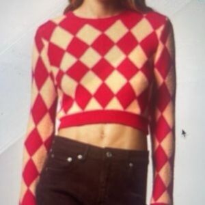 NWT Zara Sweater M Y2K cropped Red and Cream Argyle